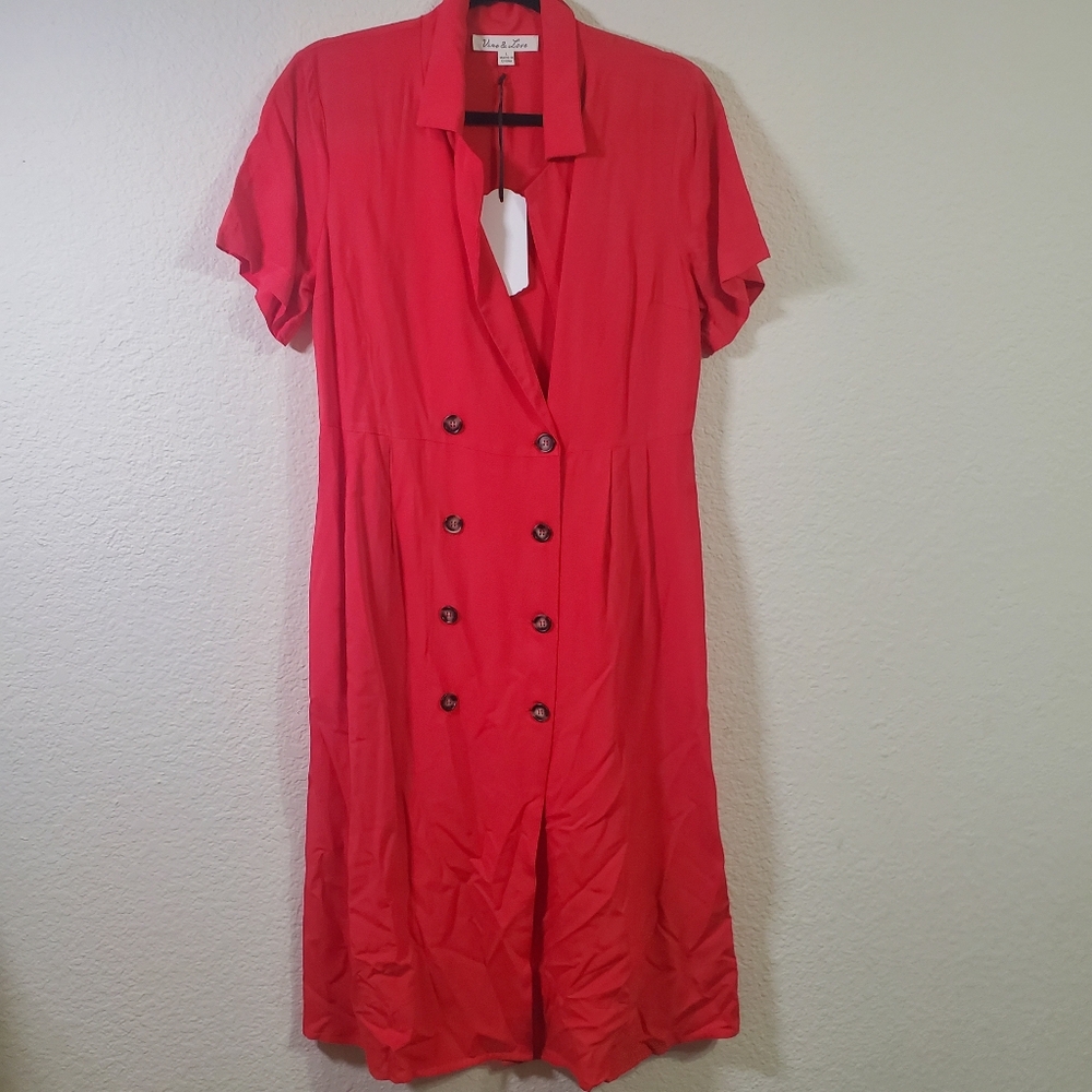 Vine and Love NWT Red Orange Button Front Womens Maxie Dress Large Summer Bright